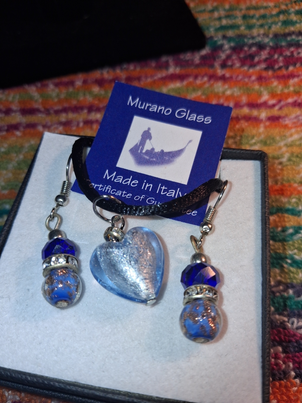 Murano Blue Heart Pendant and Earrings Set